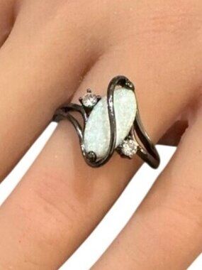 Vintage Ring Opal Simulated Dark Silver Gray Size 8 Womens Jewelry Gift Retro